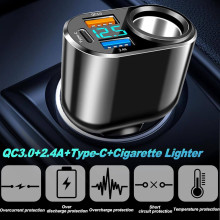 Cargador Mechero Coche, QC3.0+2.4A+Type-C con voltimetro