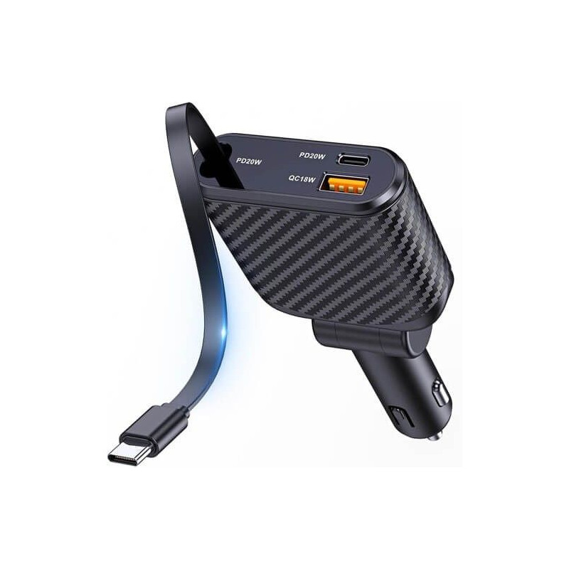 Cargador de coche de tres tomas con cable retractil