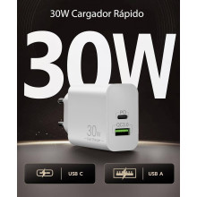 Cargador rápido de 30W 2-puertos USB C y A