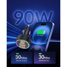 Cargador de coche con carga rápida 90W, 12V. 2 USB-A 2 USB-C