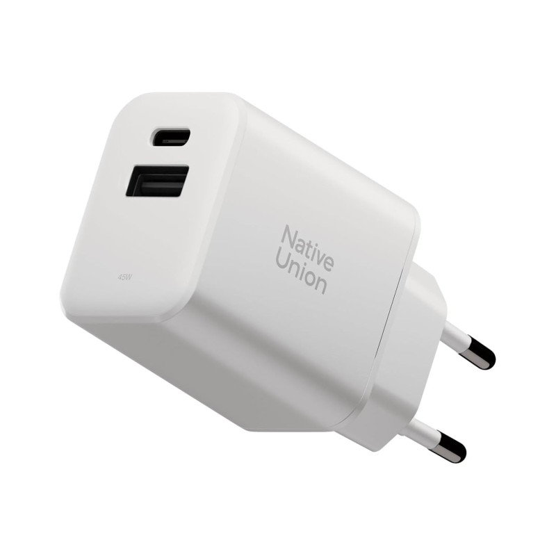 Cargador rápido GaN PD 45W puertos USB-C y USB-A blanco