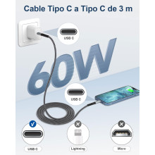 Cable USB tipo C a C de carga rapida de 60W, 3m.