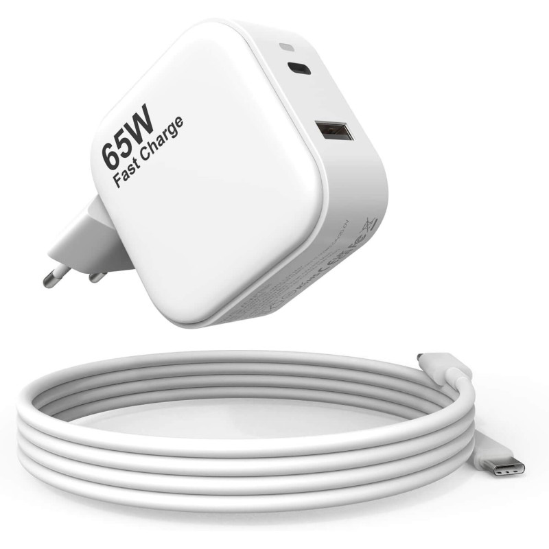 Cargador USB C 65W  2 puertos PD 3.0 con cable 1 m.