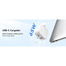 Cargador USB C 65W  2 puertos PD 3.0 con cable 1 m.